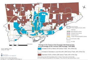Map 1: Change in average individual income, City of Toronto, Relative to the Toronto CMA, 1970-2005.[10]